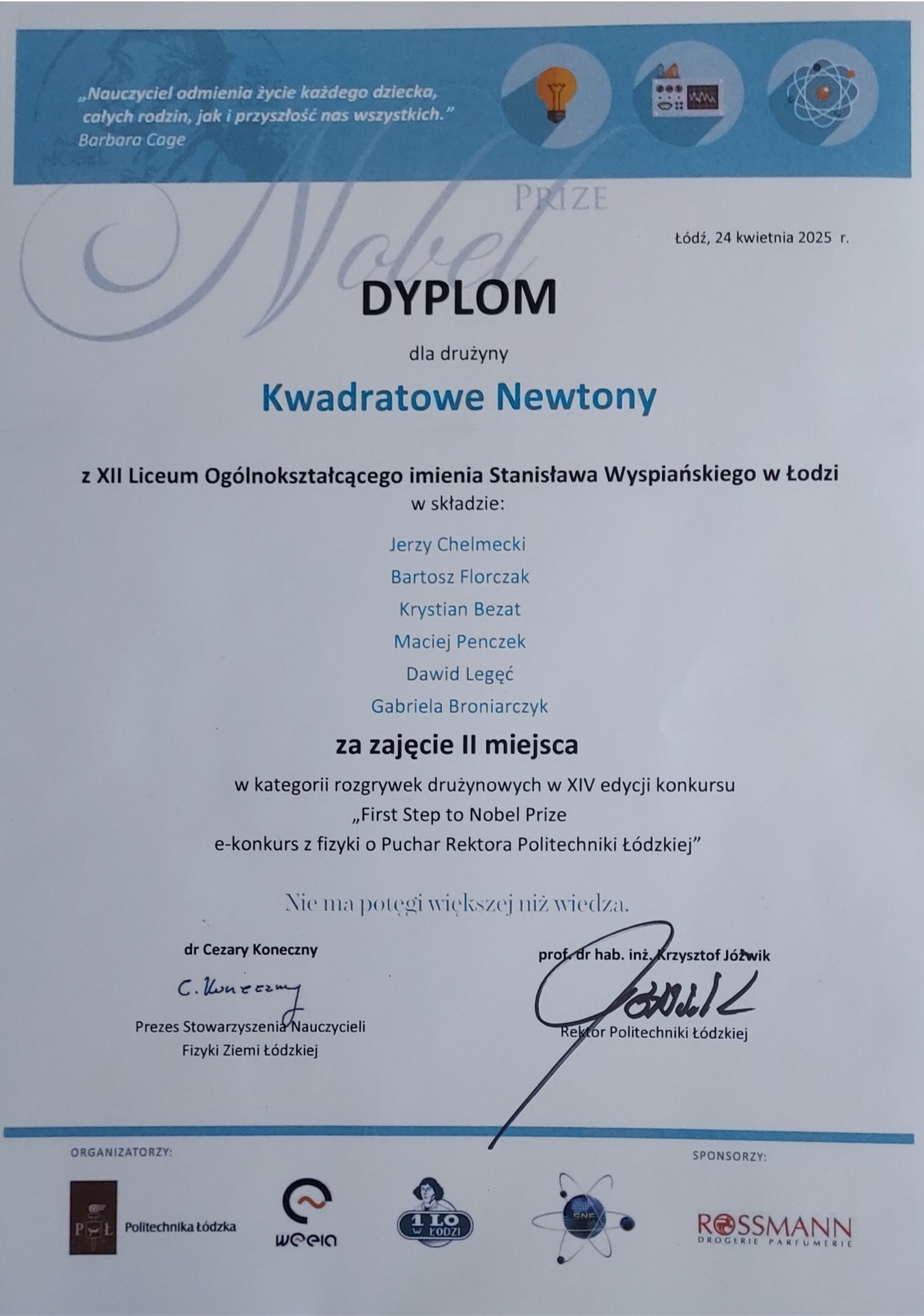 dyplom zespołu Kwadratowych Newtonów