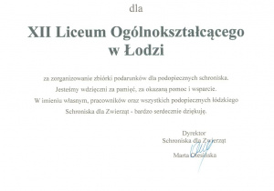 podziękowanie dla XII Liceum Ogólnokształcącego w Łodzi